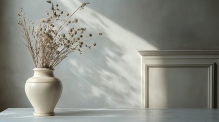 Dried flowers in a vase on a minimalist table setting