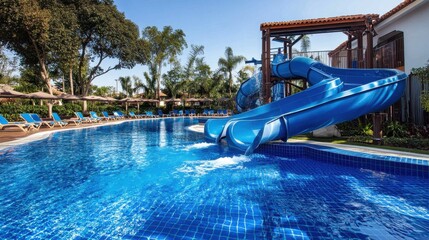 Of a Family-friendly resort pool with a fun water slide, bright blue tiles, and shaded lounging areas