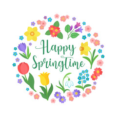 Spring greeting vector design with cartoon flowers bloom. Circle frame floral border. Garden plants - cherry blossom, tulip, daffodil. Bright illustration for happy springtime card, label, poster.
