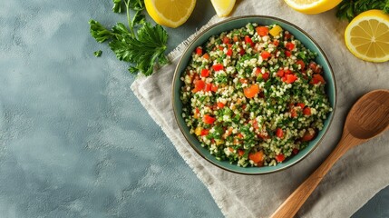 Fresh and vibrant tabbouleh salad with bulgur, parsley, tomatoes, and lemon served in a rustic bowl on a textured blue background with wooden spoon and linen napkin