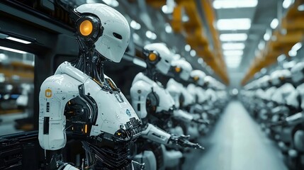 Fototapeta premium Ai driven sentient robots working alongside humans hyper advanced factories cinematic cyberpunk realism