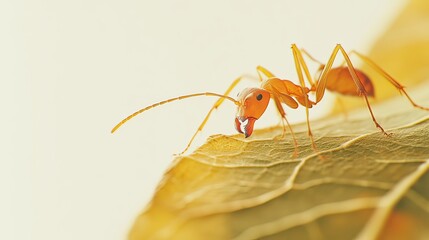 Naklejka premium Close-up view of ants foraging on a leaf insect behavior in nature