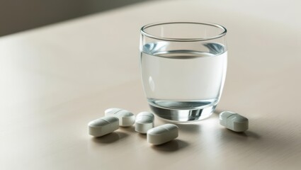 Close-Up Of A Single White Medical Pill Next To A Glass Of Water On A Table, Capturing The Essence Of Medication Preparation And Healthcare Routine In A Clinical Setting.