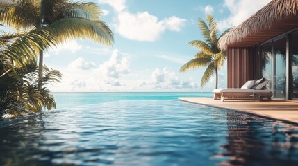 Fototapeta premium Of a Exotic overwater bungalow resort with a private infinity pool and direct ocean access