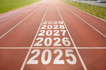 Running track with new year number  2025, 2026, 2027, 2028, 2029. New year's concept.