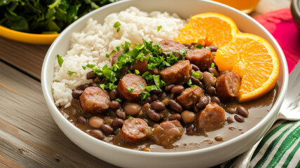 Bowl of Brazilian feijoada featuring black bean stew with pork and sausages served with rice, orange slices, and collard greens on vibrant textiles