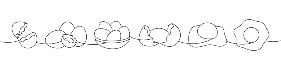 Organic eggs one line continuous drawing. Boiled eggs, broken eggshell, omelette, protein and yolk. Vector illustration