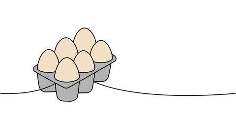 Chicken eggs in carton box one line colored continuous drawing. Organic farm product. Vector illustration