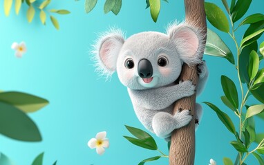 Baby koala climbing a tree, on a pastel sky blue background