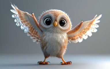 Obraz premium Baby owl stretching its wings, on a pastel gray background