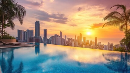 Obraz premium Of a Infinity-edge rooftop pool in a tropical city, offering a panoramic view of skyscrapers and a vibrant sunset