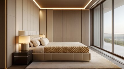 A chic villa bedroom decorated in shades of beige and gold
