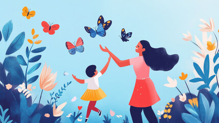 Mother and child catching butterflies and mom with daughter running or jogging raster illustrations with text isolated on blue posters with text