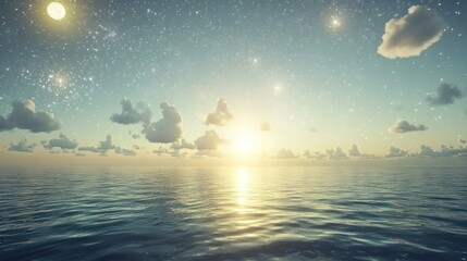 Beautiful ocean horizon view beneath stars moon and fluffy clouds