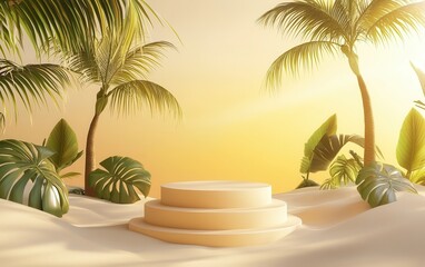 Obraz premium Beach-themed podium with sand, palm trees, and soft golden sunlight