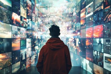 A person stands in front of a wall of screens, each showcasing different types of digital content, Creating interactive content to engage with audiences