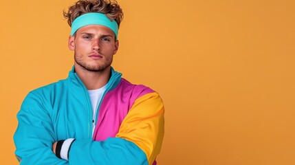 1980s vintage sports fashion portrait, colorful windbreaker, sweatband, warm retro tones, classic grainy texture, nostalgic activewear aesthetic.
