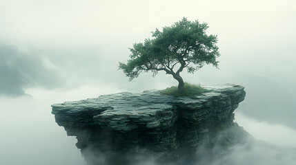 A solitary tree stands atop a rocky outcrop surrounded by misty mountains at dawn