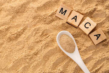 Maca root or Peruvian ginseng in the spoon - Lepidium meyenii.