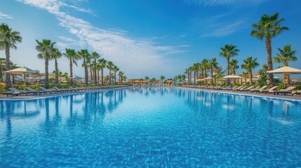 Of a Luxurious resort swimming pool with crystal-clear water, surrounded by palm trees and sun loungers under a bright blue sky