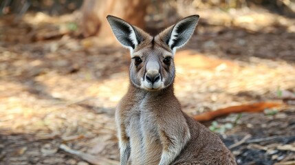 Fototapeta premium Kangaroo resting quietly in a natural habitat during daytime in the Australian bush surrounded by trees and dry leaves