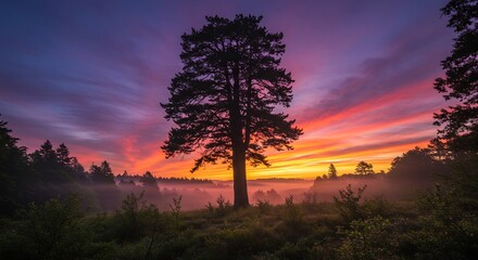 Obraz premium Majestic tree silhouetted against vibrant sunset hues. AI Generated