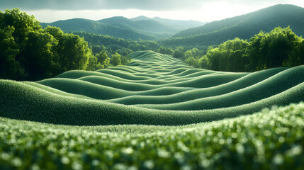 Lush Green Rolling Hills Under Soft Light with Scenic Mountains in the Background