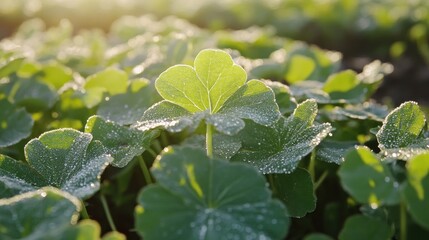 Obraz premium Dew covered leaves sparkle in the morning sunlight