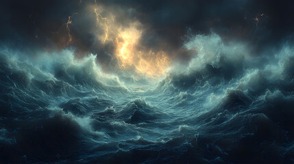 Dramatic stormy ocean waves crashing under a moody sky with lightning in the background