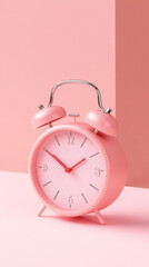 minimal pink alarm clock with metal bells in a bright pastel colored background