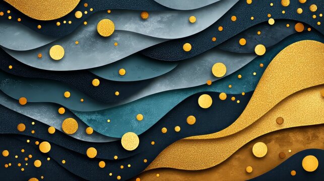 An abstract composition of flowing waves in black, white, and gold hues, conveying movement and sophistication on a textured surface