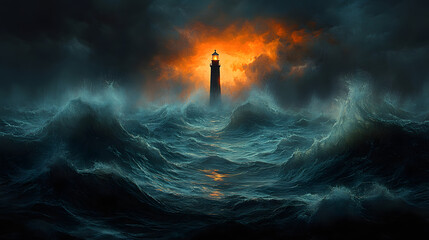 A dramatic lighthouse stands tall against turbulent waves and a fiery sky at sunset
