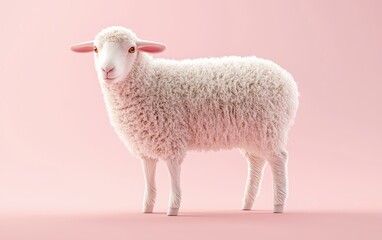 Fototapeta premium Fluffy lamb grazing, on a pastel soft pink background