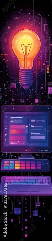 Poster creative representation of data analysis displayed in a lightbulb and computer