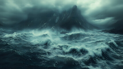 Dramatic stormy seascape with dark clouds over turbulent waves crashing against rocky cliffs