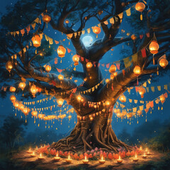 Vesak celebration, sacred Bodhi tree decorated, thousands of glowing lanterns, prayer flags for Vesak, oil lamps, flower offerings, tranquil, moonlit setting