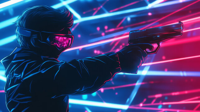 Gamer in laser tag vector player character gaming in lasertag with gun shooting in aim illustration in gameplay with laser weapon background