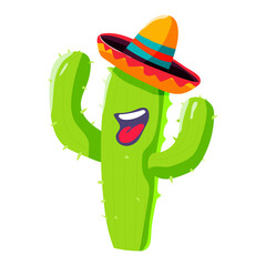 A green cactus with a sombrero on its head. The cactus is smiling and has a tongue sticking out