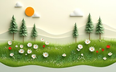 Obraz premium A calm landscape featuring intricate paper-cut flowers and trees in light beige and cream colors, creating a soothing and tranquil atmosphere