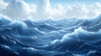 Serene ocean waves under a bright sky, with fluffy clouds reflecting sunlight, evoking tranquility