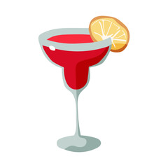 A glass of red cocktail with a slice of orange on top. The drink is served in a martini glass, which is a tall, narrow glass with a stem. The glass is filled with a deep red liquid