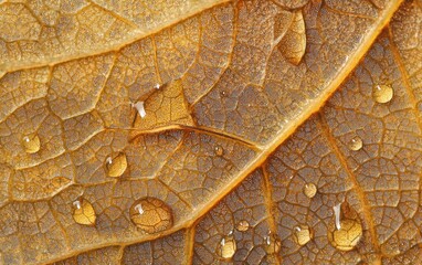 Of a macro nature close-up of small droplets on a delicate leaf vein