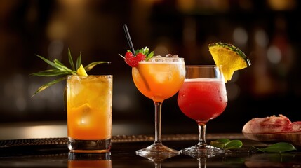 Of a Luxury cocktail set on a high-end resort bar, featuring expertly crafted drinks with tropical ingredients and elegant glassware