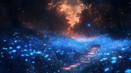 Enchanted twilight forest with glowing flowers and a serene path leading into the mystical background