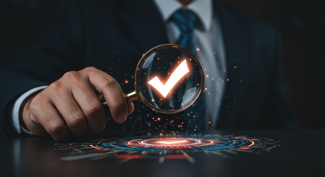 A businessman carefully examines a digital check mark through a magnifying glass, symbolizing control and high standards