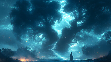 A mysterious figure stands beneath towering, ethereal trees under a starry sky, evoking wonder
