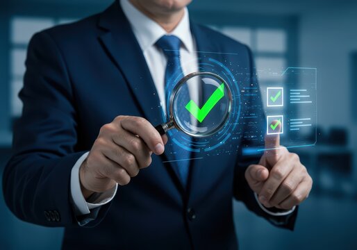 A businessman carefully examines a digital check mark through a magnifying glass, symbolizing control and high standards