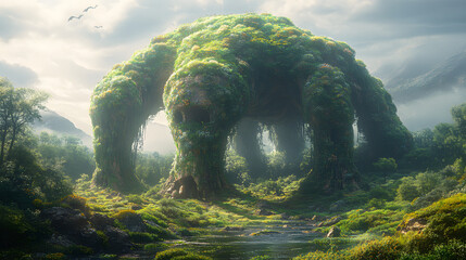 Majestic forest giant emerges from lush greenery, surrounded by serene river and distant mountains