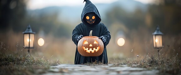 Child in Grim Reaper Costume Holding Jack-o'-Lantern