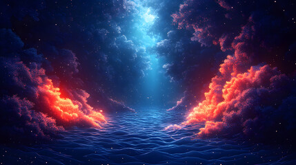 Serene ocean scene with vibrant clouds and light beams illuminating the water surface at dusk